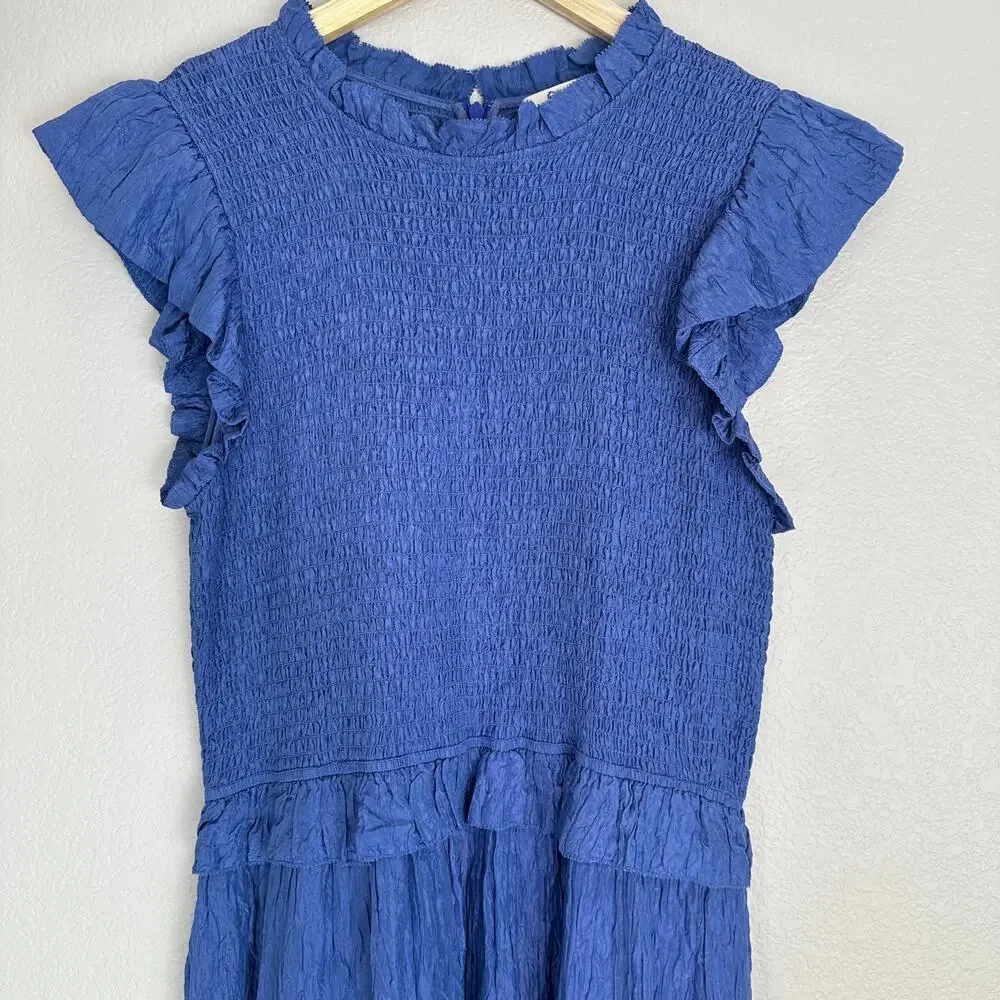 Sea New York‎ Blue Siya Dress, Silk, Smocked Midi Tiered, Spring, Resort, XL - Picture 4 of 13
